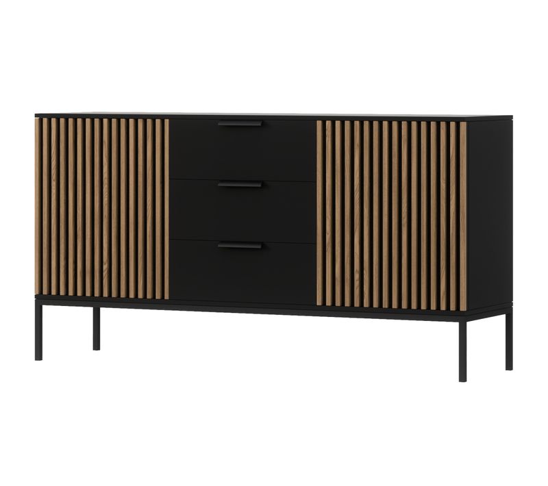 Savanna - Buffet Bas - Effet Bois Et Noir - 3 Tiroirs Et 2 Portes - 150 Cm