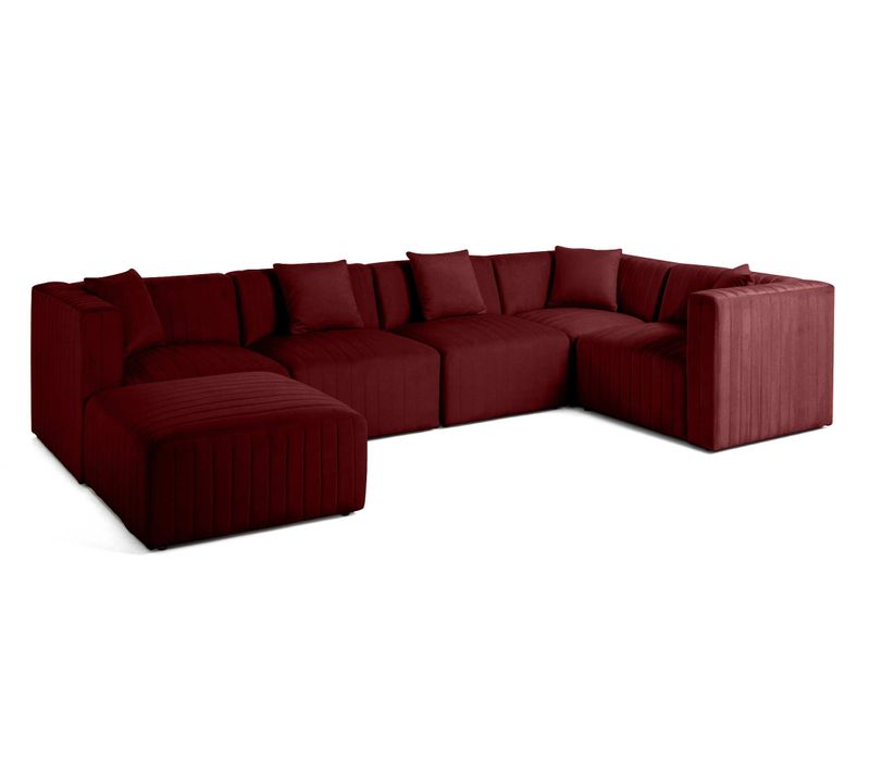 Nova - Canapé Modulable D'angle Réversible - 6 Places - Avec Pouf D'appoint - En Velours Rouge