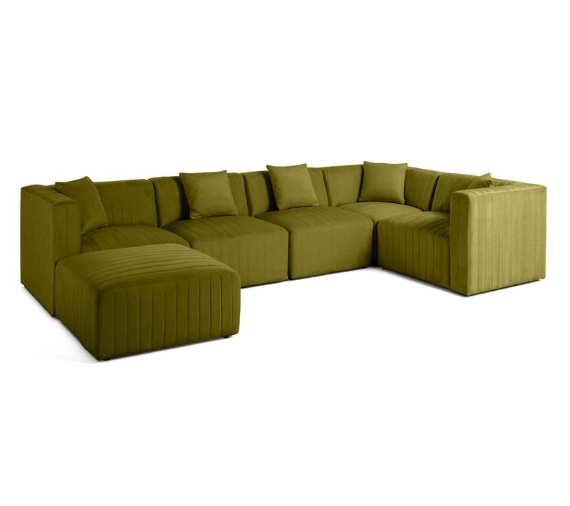 Nova - Canapé Modulable D'angle Réversible - 6 Places - Avec Pouf D'appoint - En Velours Vert Olive