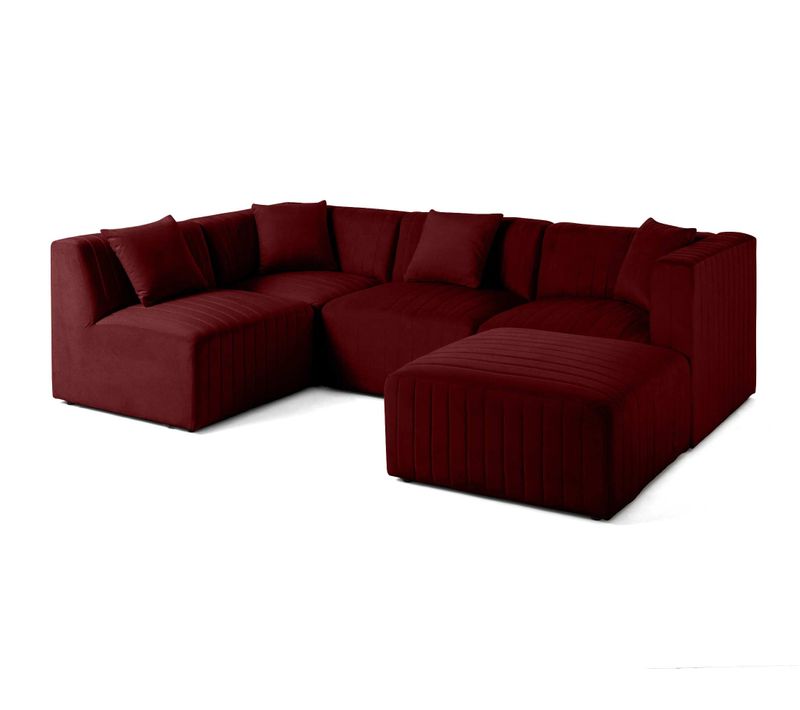 Nova - Canapé Modulable D'angle Gauche - 5 Places - Avec Pouf D'appoint - En Velours Rouge