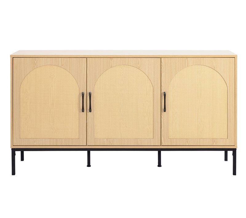 Nagato - Buffet Bas - Cannage Et Effet Bois - 3 Portes - 150 Cm