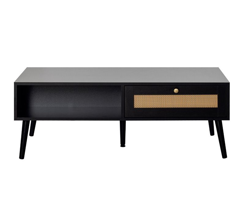 Goto - Table Basse - Noir Et Cannage - 1 Tiroir Et 1 Niche - 110 Cm