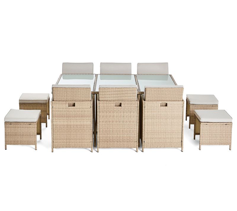 Fira – Salon De Jardin Encastrable En Résine Tressée Beige - 10 Places - Coussins Beige + Housse De