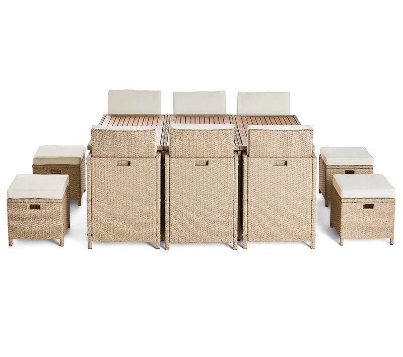 Cuba – Salon De Jardin Encastrable En Résine Tressé Beige - 10 Places - Coussins Beige + Housse De P