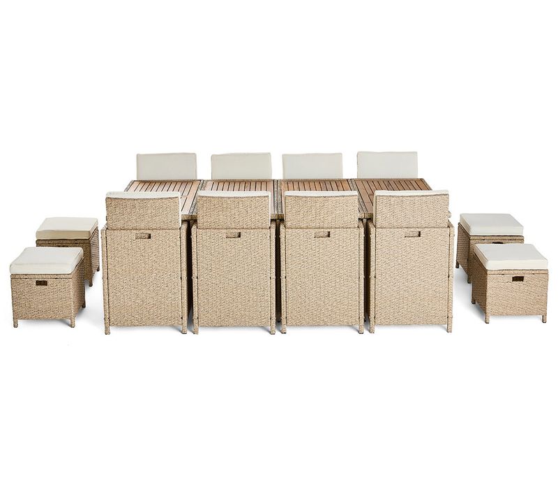 Cuba - Salon De Jardin Encastrable En Résine Tressé Beige - 12 Places - Coussins Beige + Housse De P