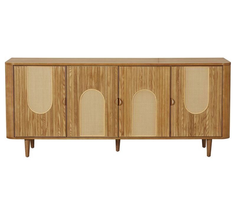 Milazzo - Buffet Bas - Bois Plaqué Chêne Et Cannage - 4 Portes - 176 Cm