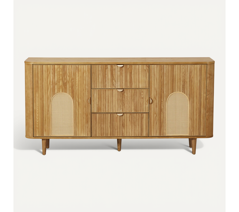 Milazzo - Buffet Bas - Bois Plaqué Chêne Et Cannage - 3 Tiroirs Et 2 Portes - 160 Cm