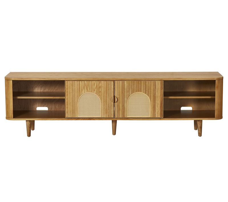 Milazzo - Meuble TV - Bois Plaqué Chêne Et Cannage - 4 Niches Et 2 Portes - 180 Cm