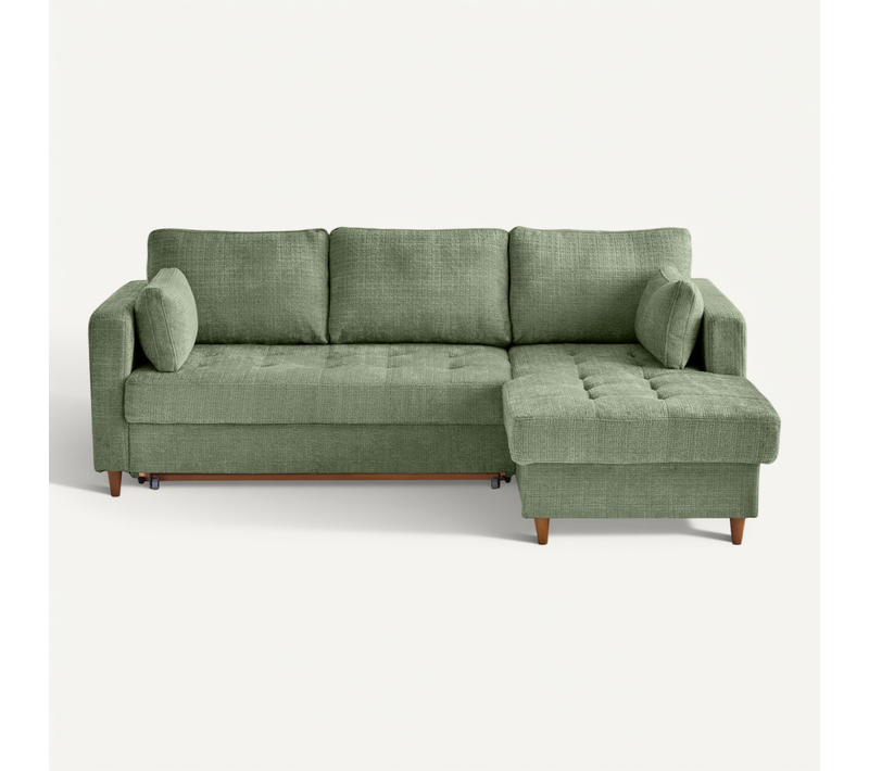 Canapé Angle Droit Convertible 4 Places Anna En Velours Texturé Vert Sauge
