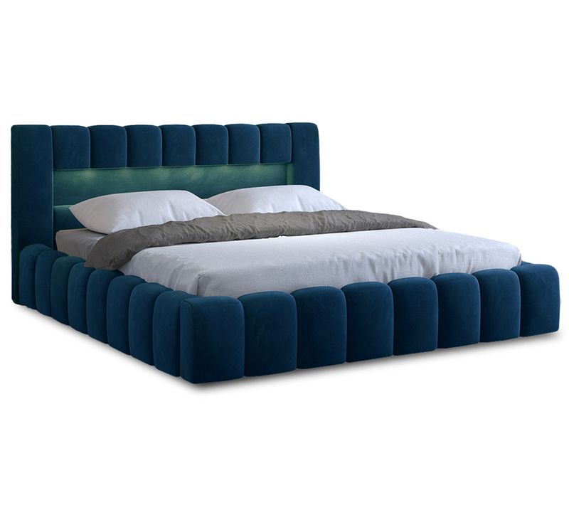 Cleo - Lit Coffre Avec LED - 160x200 Cm - Sommier Inclus - En Velours Bleu Canard