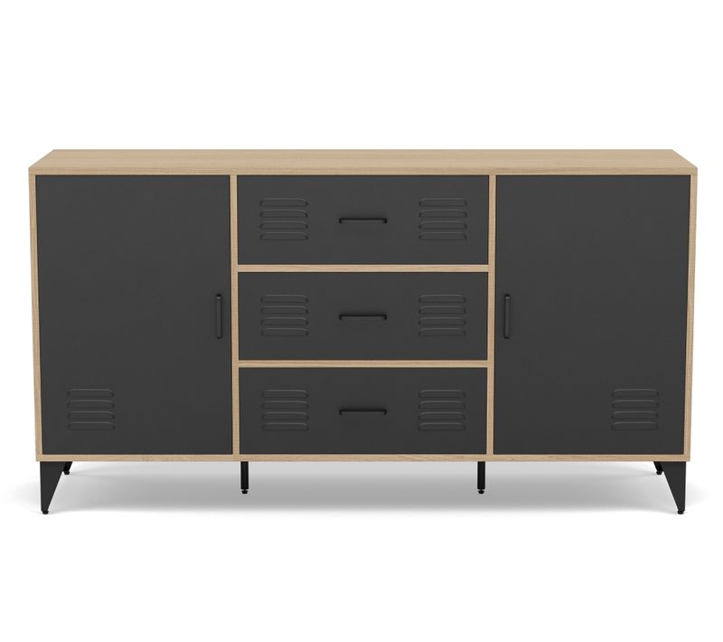 Tribeca - Buffet Bas - Effet Bois Et Métal Noir - 3 Tiroirs Et 2 Portes - 140 Cm