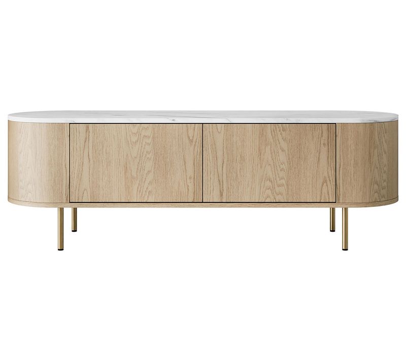 Sansa - Meuble TV 139 Cm - 2 Portes - Plateau Effet Marbre Bois / Blanc