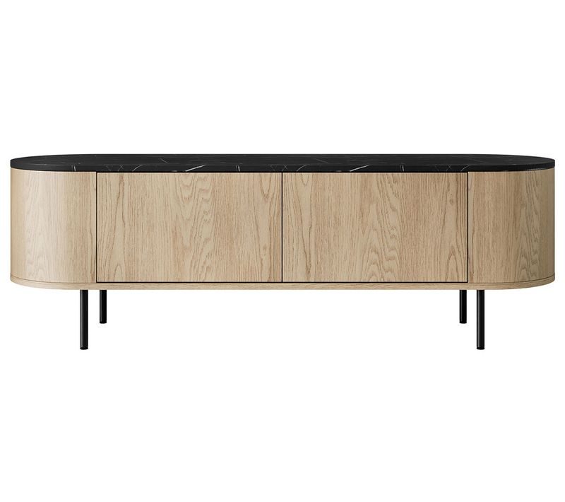 Sansa - Meuble TV 139 Cm - 2 Portes - Plateau Effet Marbre Bois / Noir