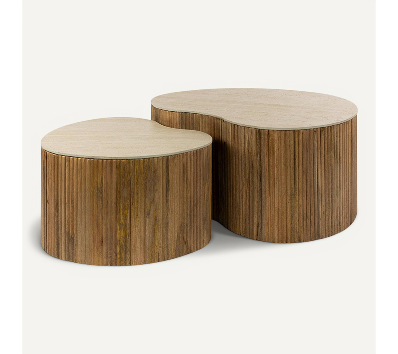 Jade - Lot De 2 Tables Basses Gigognes Effet Travertin - Pieds En Bois Massif De Manguier - 93 Et 76