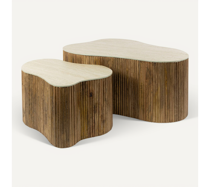 Jade - Lot De 2 Tables Basses Gigognes Effet Travertin - Pieds En Bois Massif De Manguier - 90 Et 61