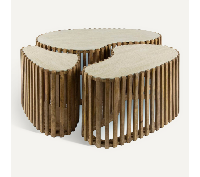 Jade - Lot De 3 Tables Basses Gigognes Effet Travertin - Pieds En Bois Massif De Manguier - 90, 70 E
