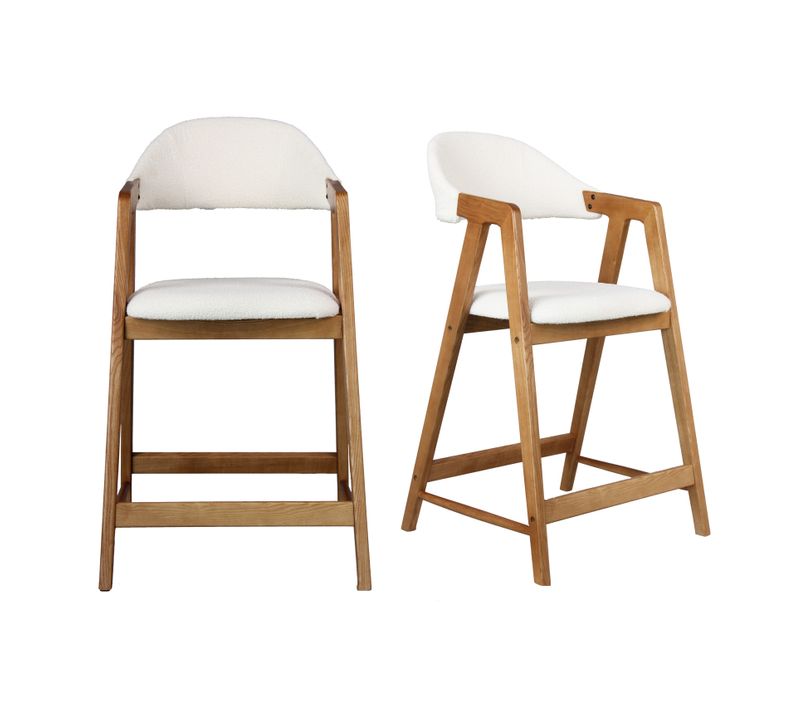 Camille-chaise De Bar En Frêne Naturel Et Tissu Curly Ecru Et (x2)