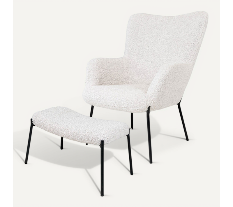 Boris-fauteuil Et Repose-pied Vintage En Tissu Bouclé écru