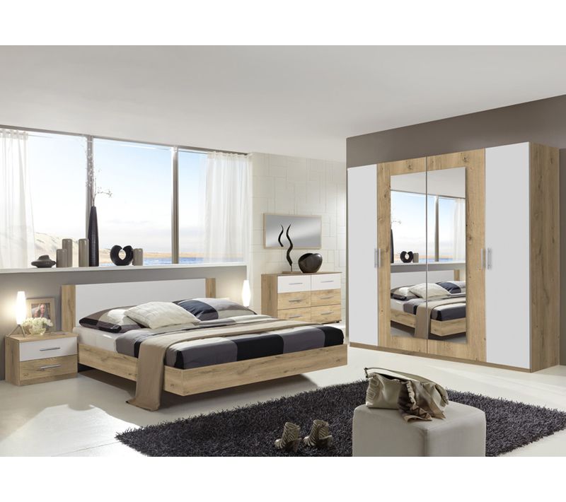 Chambre Adulte Imitation Chêne Poutre/blanc - Dim : 180 X 200 Cm