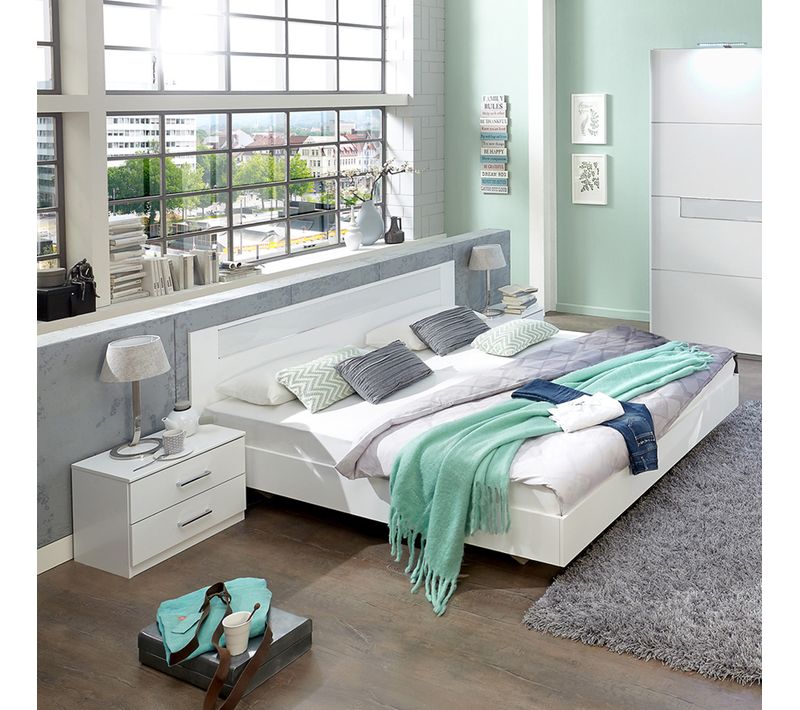 Lit Adulte Avec 2 Chevets Coloris Blanc, Rechampis Verre Blanc + Chrome - Dim: 180 X 200 Cm  -