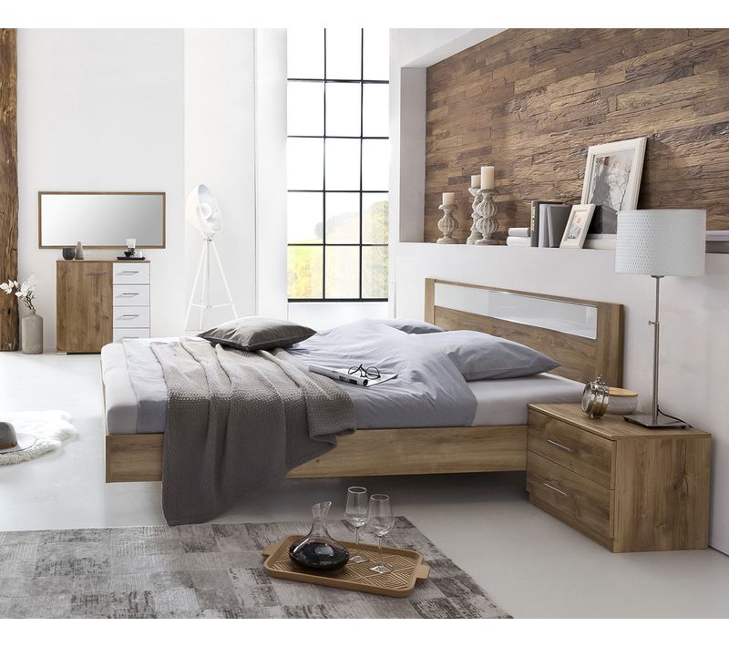 Chambre à Coucher En Panneaux De Particules Imitation Chêne Poutre/blanc/chrome - 140x200 Cm