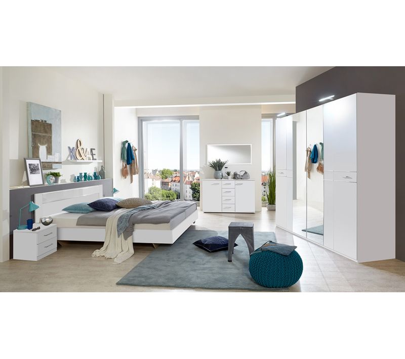 Chambre Adulte Complète, Coloris Blanc, Rechampis Verre Blanc + Chrome - Dim : 180 X 200 Cm  -