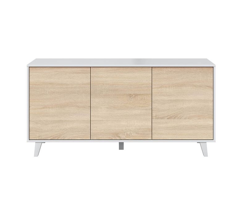 Buffet Avec 3 Portes Coloris Blanc Brillant Et Chêne - Dim : L 154 X P 41 X H 75 Cm