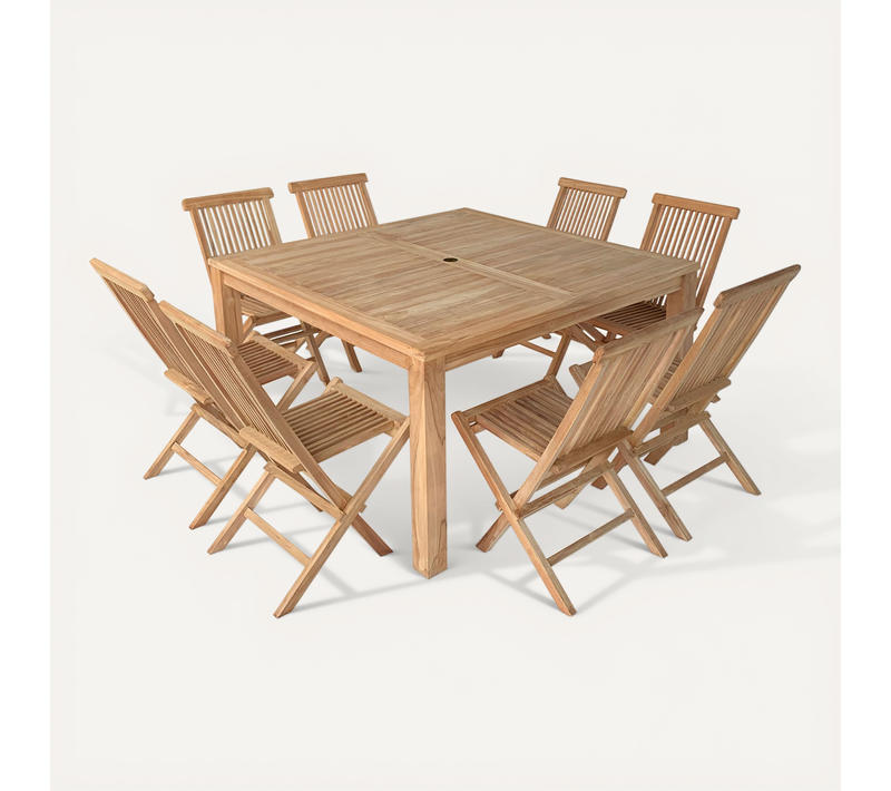 Salon De Jardin En Teck Java - Table Carrée Et Chaises Pliantes - 8 Places