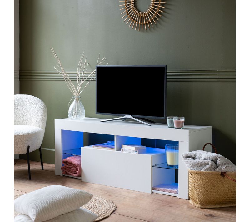 Meuble TV 140cm Blanc à LED Daryl