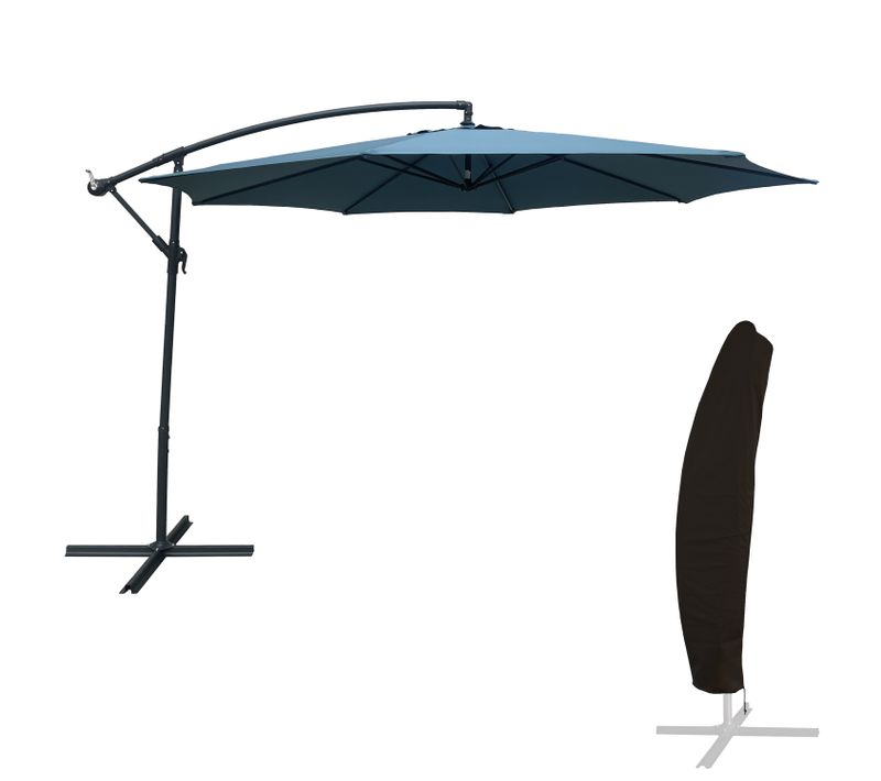 Parasol Déporté Oahu Rond 3,50m De Diamètre Bleu Gris + Housse