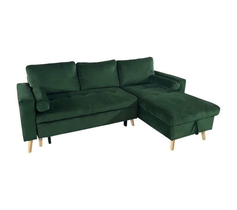 Canapé D'angle Convertible James 3 Places En Velours Vert