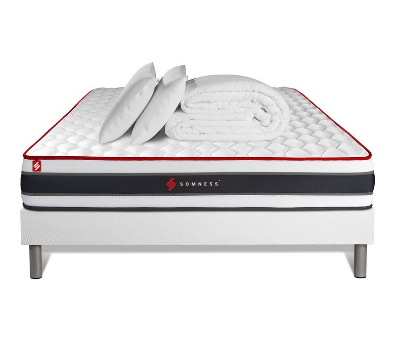 Ensemble Matelas Energy 160x200 + Sommier Blanc + Couette + 2 Oreillers - Ressorts Ensachés Et Mémoi