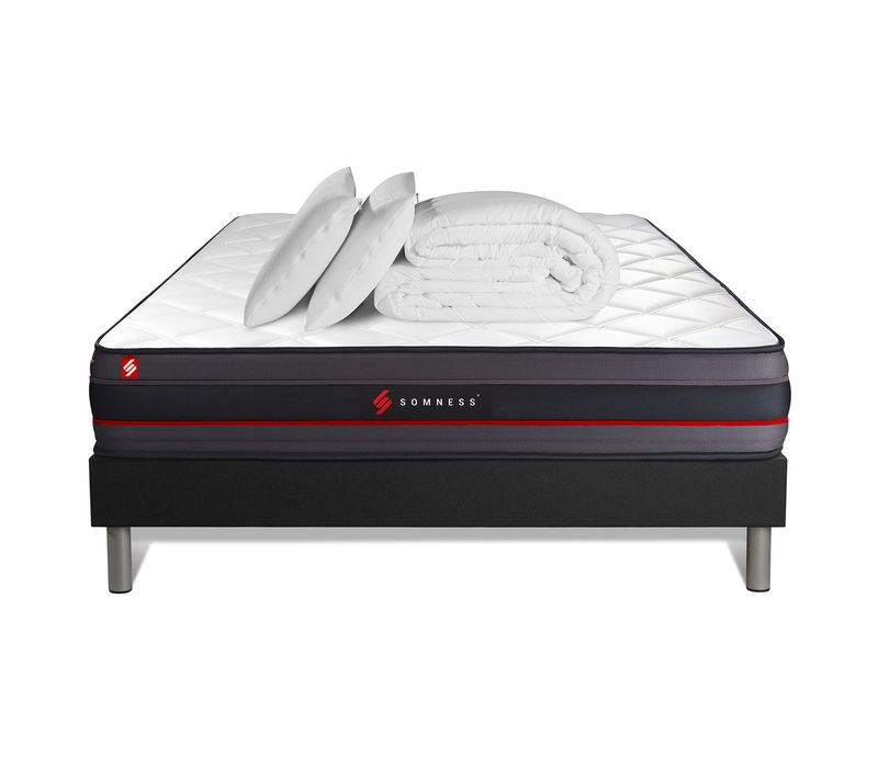 Ensemble Matelas Regen 160x200 + Sommier Noir + Couette + 2 Oreillers - Mémoire De Forme