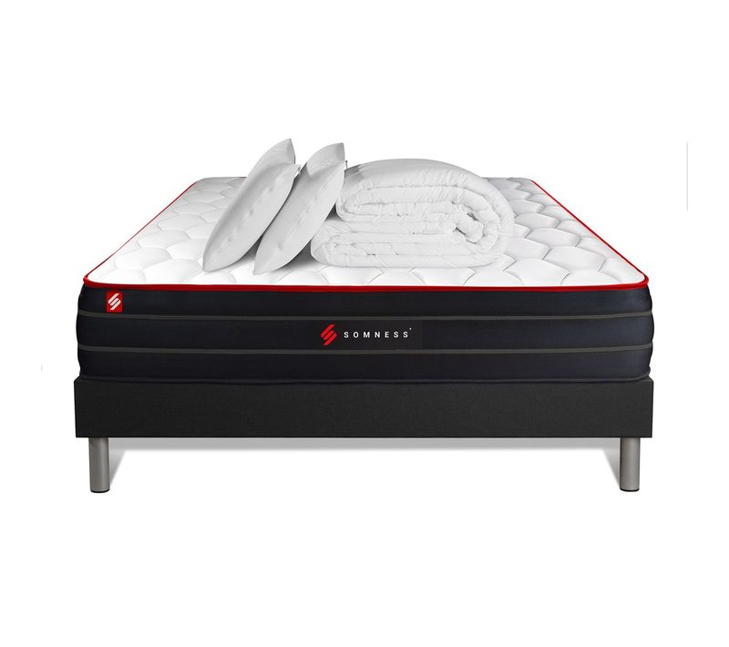 Ensemble Matelas Boost 140x190 + Sommier Noir + Couette + 2 Oreillers - Ressorts Ensachés Et Mémoire
