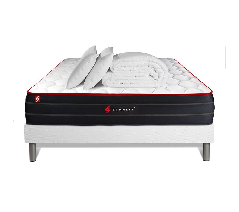 Ensemble Matelas Boost 160x200 + Sommier Blanc + Couette + 2 Oreillers - Ressorts Ensachés Et Mémoir