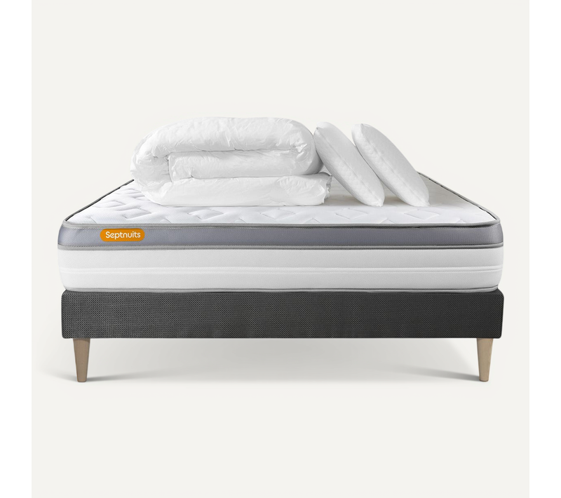 Ensemble Matelas + Sommier Kit Gris 180x200 Memo Zen Mousse à Mémoire De Forme Maxi épaisseur + Coue