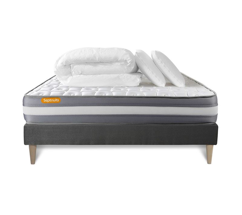 Pack Matelas + Sommier Kit Gris 160x200 Memo Plus Mémoire De Forme + 2 Oreillers + Couette - Mémoire