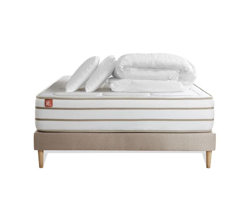 Ensemble  Matelas Le Douillet 140x200cm Mémoire De Forme Biovisco + Sommier Kit Beige + 2 Oreillers