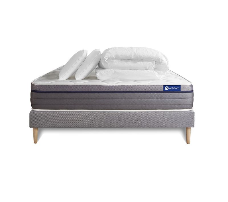Ensemble  Matelas Latex + Mémoire De Forme Actilatex Zen 140x190 Cm + Sommier Kit Gris + 2 Oreillers