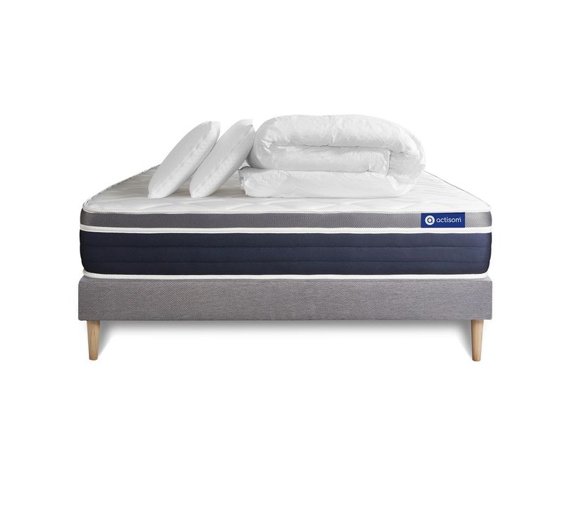 Ensemble  Actilatex Confort Matelas Latex + Mémoire De Forme 200x200 Cm + Sommier Kit Gris + 2 Oreil