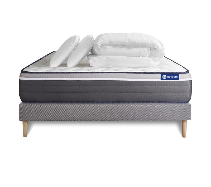 Ensemble  Matelas Actilatex Plus 180x200 Cm Latex + Mémoire De Forme + Sommier Kit Gris + 2 Oreiller