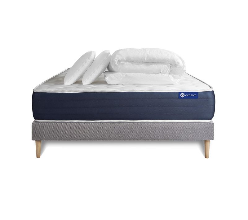 Ensemble  Matelas Latex Et Mémoire De Forme Actilatex Sleep 200x200 Cm + Sommier Kit Gris + 2 Oreill