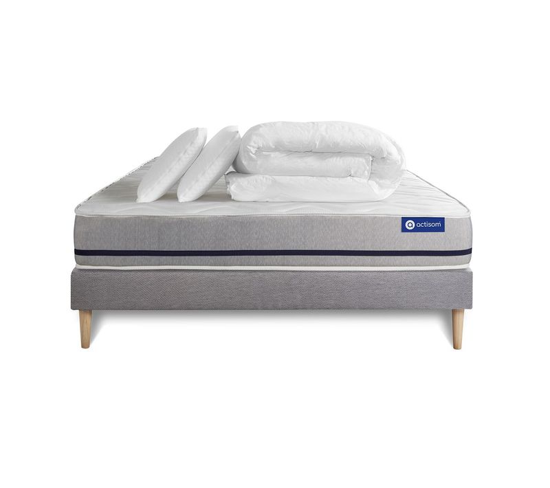 Ensemble  Matelas 160x200 Actimemo Soft 3zones De Confort + Sommier Kit Gris + 2 Oreillers + Couette