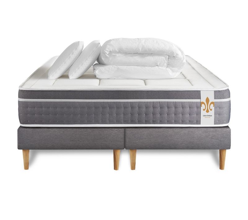 Ensemble Le Trente 200 X 200 Cm Double Sommiers Gris - Ressorts Ensachés Et Mémoire De Forme