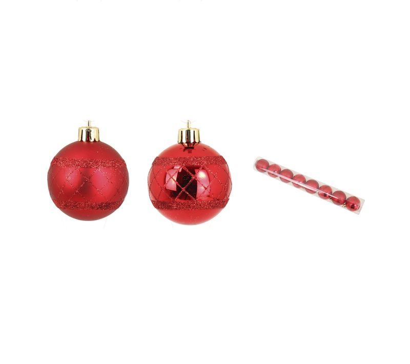 Set De 8 Boules Decor Carreaux De Noel Rouge