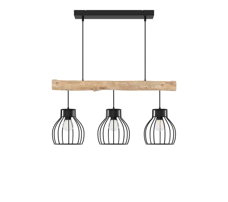 Suspension 3 Lampes En Bois D'eucalyptus Et Métal Noir - Abby