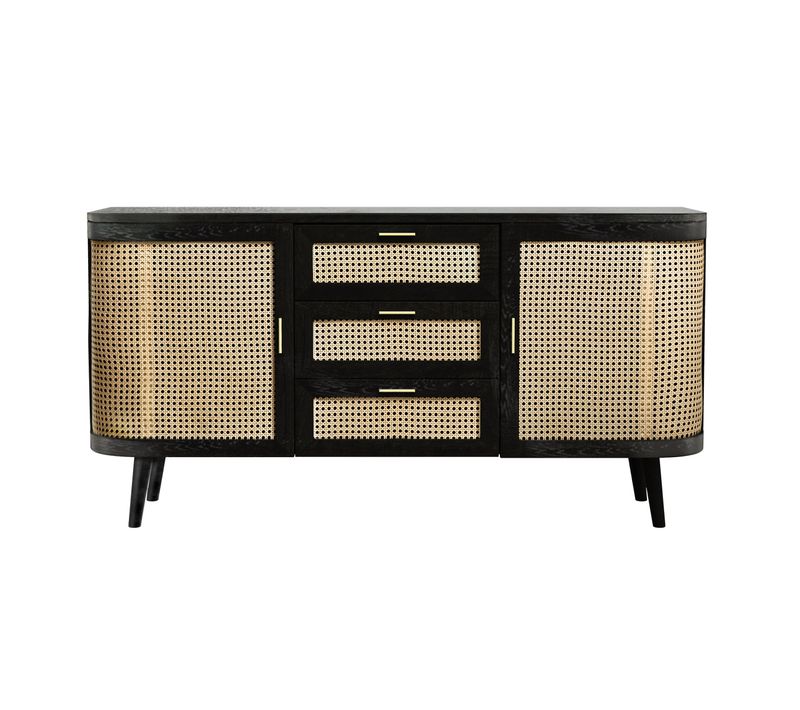 Buffet Noir 2 Portes 3 Tiroirs En Bois De Manguier Et Cannage - Wendy