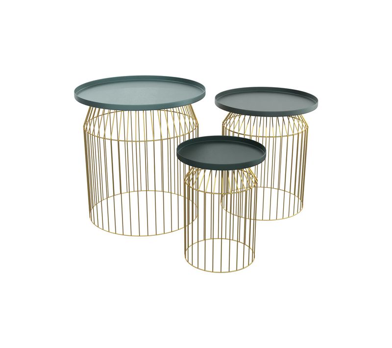 Tables D'appoints Rondes En Métal Bleu Gris Et Laiton (lot De 3) - Palombe