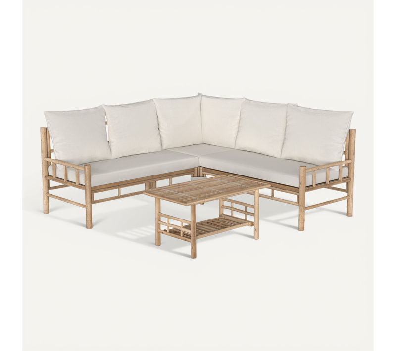 Salon De Jardin Blanc En Bambou Avec Canapé D'angle Et Table Basse - Vadella