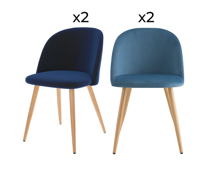 Pack 4 Chaises En Velours Bleu Foncé Et Bleu - Cozy